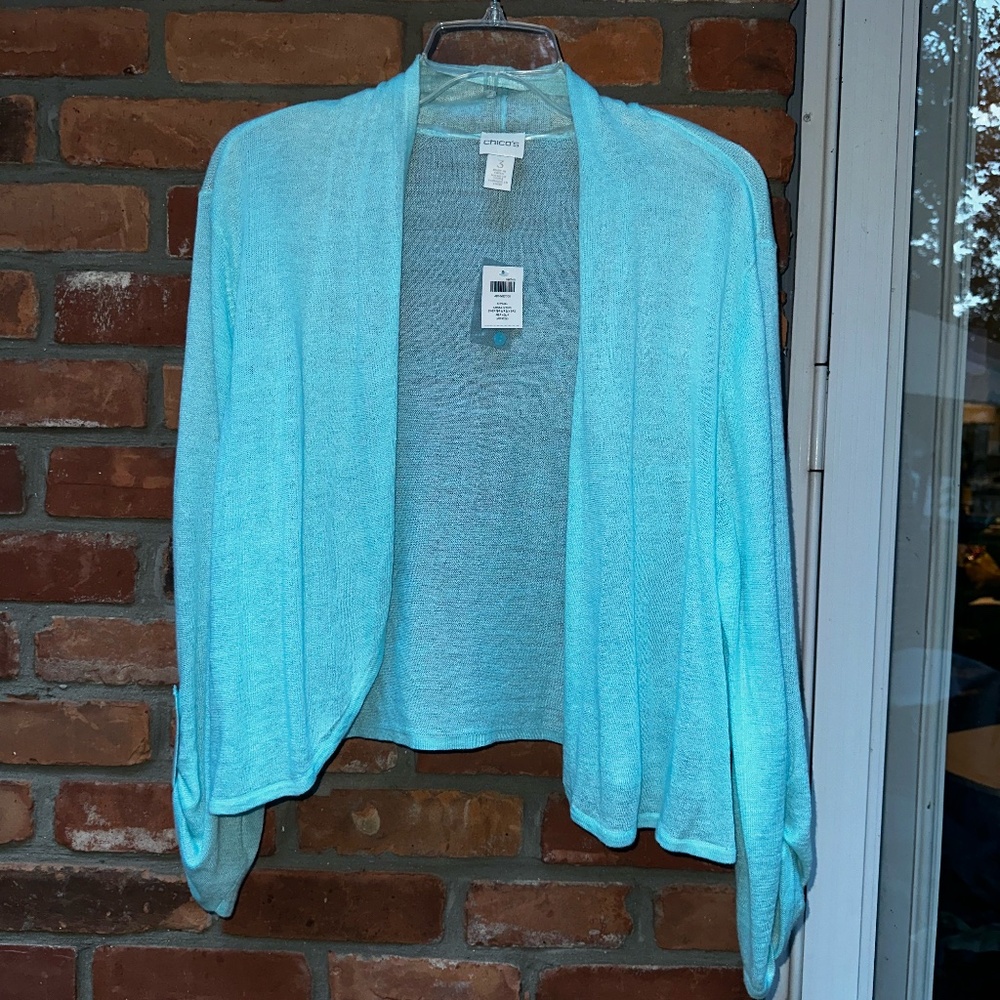 NWT Chico's Featherweight Aqua Cardigan Sweater / Shrug Sz 3